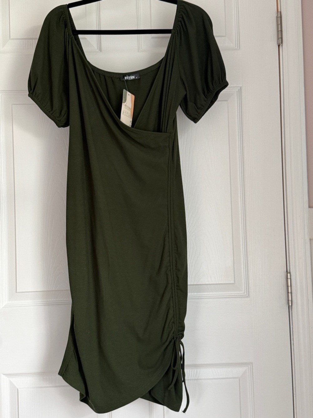 Olive Green Puff-Sleeve Wrap Dress